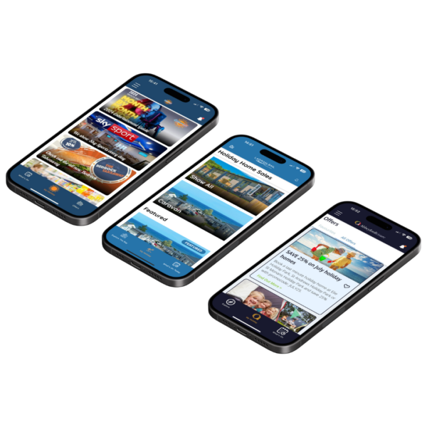 Three branded Holidaymaker guest app screens shown on phone mockups, white-label guest experience app